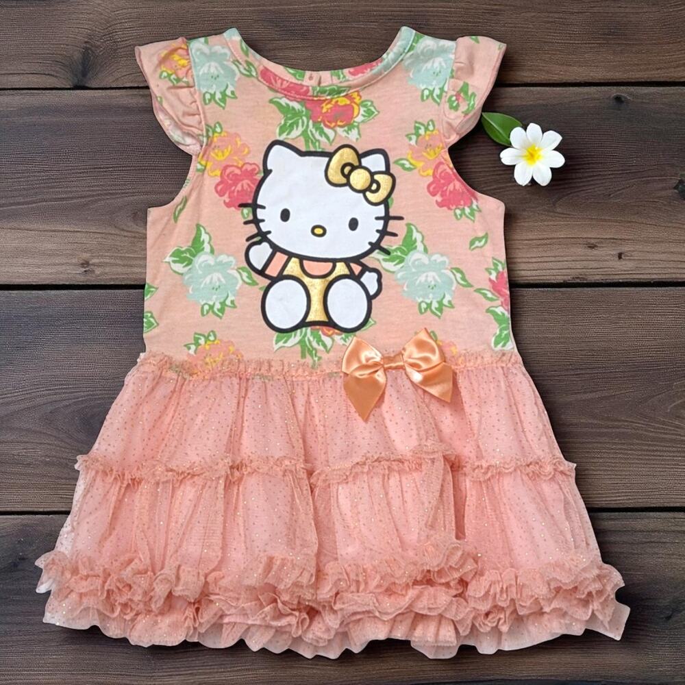 Sanrio HELLO KITTY Peach Pink Tulle Tutu Floral Dress 18 M